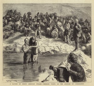 En dåb af nordamerikanske indianere, mormoner, der udgiver sig for at være kristendommens apostle af Sydney Prior Hall