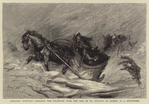 Canadiske skitser, krydser isbroen fra Isle of St. Orleans til Quebec i en snestorm af Sydney Prior Hall