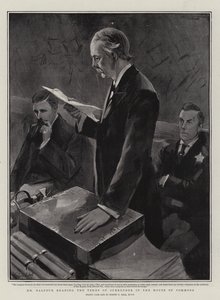 Balfour læser op af overgivelsesbetingelserne i Underhuset af Sydney Prior Hall