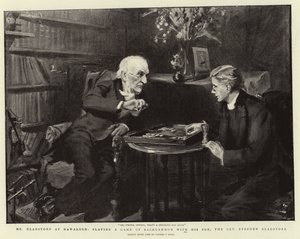 Mr Gladstone i Hawarden, der spiller et spil backgammon med sin søn, pastor Stephen Gladstone af Sydney Prior Hall
