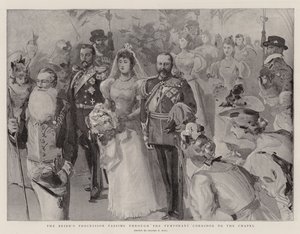 Brudens procession passerer gennem den midlertidige korridor til kapellet af Sydney Prior Hall