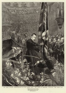 Den irske loyalistiske demonstration i Albert Hall, hertugen af Abercorn planter Union Jack af Sydney Prior Hall