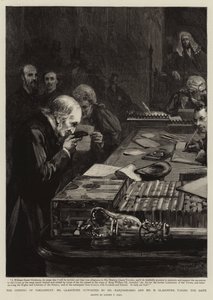 Åbning af parlamentet, hvor Gladstone, støttet af Marjoribanks og H. Gladstone, aflægger eden af Sydney Prior Hall