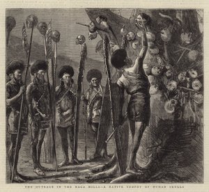 The Outrage in the Naga Hills, et indfødt trofæ af menneskelige kranier af Sydney Prior Hall