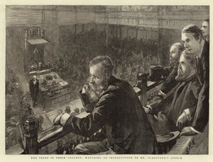 Peers i deres galleri, ser en afbrydelse af hr. Gladstones tale af Sydney Prior Hall