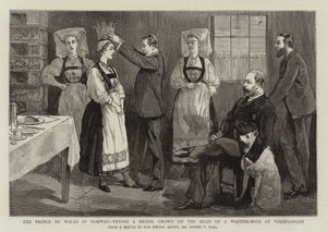 Prinsen af Wales i Norge prøver en brudekrone på hovedet af en ventepige på Vossevangen af Sydney Prior Hall