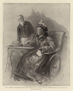 Dronningen telegraferer sit budskab til sit folk i hele imperiet af Sydney Prior Hall