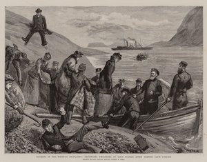 Turister i det vestlige højland, passagerer, der går om bord på Loch Scavaig efter at have besøgt Loch Coruisk af Sydney Prior Hall