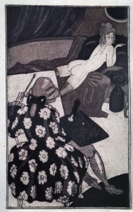 Erotik: Giacomo Casanova (1725-1798) portrætterer sin langstrakte elskerinde sløvt nøgen på en sofa (ætsning)