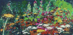 Zingy Flower Bed, 2021 (olie på lærred) af Sylvia Paul