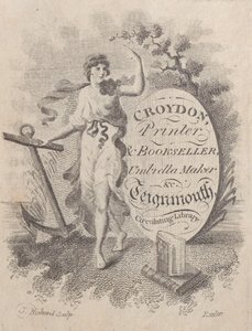 Handelskort for Croydon, printer, boghandler og paraplymager, 1800-tallet., 1800-tallet. af T. Rickard