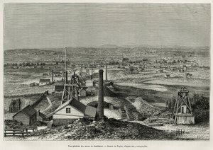Generelt billede af Sandhursts miner, gravering efter en tegning af Taylor, for at illustrere historien seks måneder i Australien, af Desire Charnay, missionsopgave af Ministeriet for Offentlig Undervisning, i 1878, offentliggjort i tour du monde, under le
