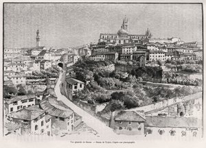 Generel udsigt over Siena (Italien). Gravering af Taylor for at illustrere historien "" A travers la Tuscane"" af Eugene Muntz (1845-1902), i Le tour du Monde 1892, instrueret af Edouard Charton (1807-1891), Hachette, Paris. af T Taylor
