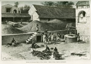 Inde i fabrikken Maurel og Prom, i Boulam, samler og forarbejder jordnødder, palmemandel og gummi. Gravering af Taylor, efter et fotografi, for at illustrere historien Voyage dans la Senegambie et la Guinee portugisisk, i 1888, af kaptajn A. Brosselard,
