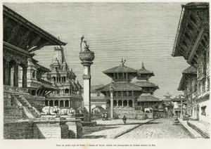 Stedet for det kongelige palads i Patan (nuværende Lalitpur). Gravering af Taylor for at illustrere historien Voyage au Nepal, af Dr. Gustave Le Bon (1841-1931), i le tour du monde 1886, instrueret af Edouard Charton (1807-1890), Hachette, Paris.