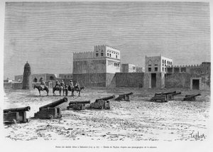Sheikh Aissa Palace i Bahrain, Tchad. Taylors gravering for at illustrere historien A Suse, journal des excavilles
