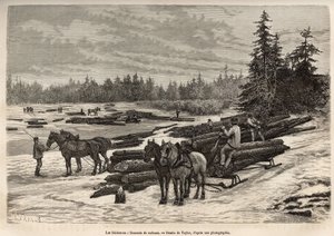 Nedstigningen af tømmerflåderne i Ontario, loggerne losser de afskårne stammer og installerer dem på den frostklare flod, så under degelen, vil stammerne blive båret af strømmen til det sted, hvor de vil blive tømt og transformeret, gravering efter uafgjor af T Taylor