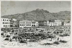 Marchen i Aden (Yemen). Taylors gravering, for at illustrere historien ""Rejsen til Benadir, Somalierne og Bayoun"", i 1882-1883, af M.G.Revoil. Udgivet i Le Tour du monde, nouveau journal des voyages