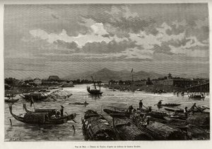 Udsigt over Hue (Vietnam), med beskrivelse af navigation på Song Huong-floden og Thien Mu-pagoden, bag omkredsmurene. Gravering af Taylor, for at illustrere historien "" Trente mois au Tonkin"" af Dr. Charles Edouard Hocquard (1853-1911), i 1885, i