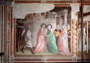 Jomfruens liv: møde mellem Joachim og Anne ved den gyldne port (fresco, ca. 1327)