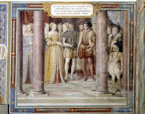 Orazio Farneseses bryllup med Diana, datter af Henri II af Frankrig (1519-59) fra "Sala dei Fasti Farnese" (Farnesesernes pragtfulde sal) 1557-66 (fresko)