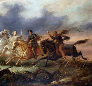 "Tre ryttere på galoperende heste, en af dem spiller på horn. Maleri af Tadeusz Brodowski (1821-1848) 1848 Privat samling af Tadeusz Brodowski