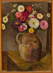 Asters og zinniaer i en lerkrukke af Tadeusz Makowski