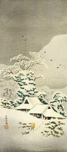 Scene i sne i Sawatari i Joshu-distriktet, ca. 1930, af Takahashi Shotei (1871-1945), o-tanzaku-formet træsnit, 38,1 x 17,1 cm, japansk civilisation, Meiji-Showa-perioden af Takahashi Shotei
