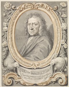 Portræt af Johannes (Jan) van Bronkhorst i ramme med blomster og to fugle af Tako Hajo Jelgersma