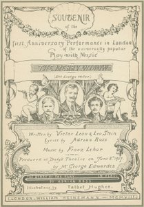 Titelside på Souvenir fra den første jubilæumsforestilling i London af The Merry Widow (farve litho) af Talbot Hughes