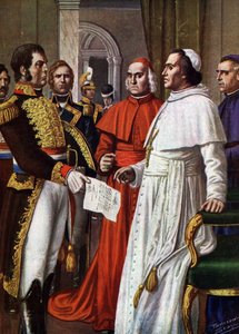 Pave Pius VII, fange på slottet Fontainebleau, indvilligede i at underskrive den 25/01/1813 Concordat of Fontainebleau (1813), hvorved han abdicerede sin timelige suverænitet, en del af sin åndelige autoritet (pave Pius VII indespærret i Frankrig). i slott af Tancredi Scarpelli