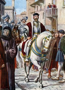 Portræt af Cosimo (Kom) I af Toscana (Cosimo de Medici) (1519-1574), der cirkulerede gennem Firenzes gader, omringede medlemmer af hans milits bestående af spanske og tyske soldater (Portræt af Cosimo I de Medici, storhertug af Toscana , beskyttet af Tancredi Scarpelli
