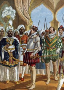 Den portugisiske navigatør Pedro Alvares Cabral (1460-1526) ved hoffet hos kongen (Zamorin) af Calicut (Kozhikode) den 13/09/1500 for at forhandle om etableringen af en skranke, Indien (den portugisiske navigatør Pedro Alvares Cabral forhandler med Zamorin af Tancredi Scarpelli