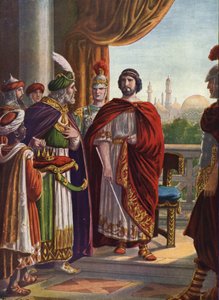 Romersk oldtid: Kejser Julian den Frafaldne (Filosofen Julian eller Julian II) sejrede af den persiske Kong Shapur II i 363 e.Kr."" (Romersk kejser Julian den Frafaldne (Filosoffen Julian) og konge af Persien Shapur II, 363 e.Kr.) Illustration af Tancre af Tancredi Scarpelli
