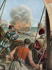 Anden ekspedition til Indien (1502-1503) "" Søslag mellem den portugisiske flåde af Vasco de Gama og flåden i Calicut, portugiserne affyrer det muslimske skib Miri angreb peleriner, der vender tilbage fra Mekka, 3/10/1502"" (anden rejse af Vasco de Gama (1 af Tancredi Scarpelli