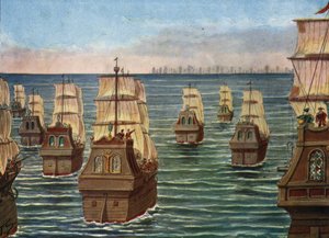 Slaget ved Cannanor fandt sted i marts 1506 ud for havnen i Cannanore i Indien, mellem den indiske flåde af Samorin af Calicut og en portugisisk flåde under Lourenco de Almeida, søn af vicekongen Almeida) Illustration af Tancredi Scarpelli i "" af Tancredi Scarpelli