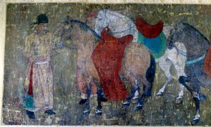 Kinesisk kunst: "" to palefreniers, der driver fire heste i en imperialistisk stald""" Detalje af et fragment af en silkemalerrulle tilskrevet Han Kan, maler af kejser Hiuan tsongs hof (712-756). Tang periode. Svag. 50x141 cm Paris musee Cernuschi af Tang Dynasty Chinese School