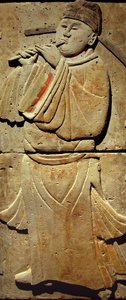 Terracotta stele med musiker, Tang-dynastiet (618-907), opdaget i Shaanxi-provinsen, Steles Forest Museum i Xian. Fotografi, Leonard de Selva, Kina, 2006. af Tang Dynasty Chinese School