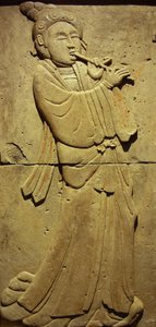 Terracotta stele med musiker, Tang-dynastiet (618-907), opdaget i Shaanxi-provinsen, Steles Forest Museum i Xian. Fotografi, Leonard de Selva, Kina, 2006. af Tang Dynasty Chinese School