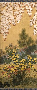 Blomster og sommerfugle (blæk, farve og bladguld på papir)