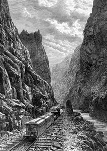 Et tog, der passerer gennem Rocky Mountains, USA, 1800-tallet.