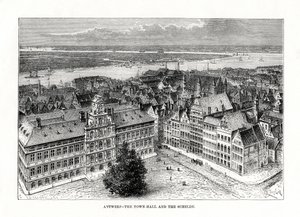 Rådhus og floden Schelde, Antwerpen, Belgien, 1879