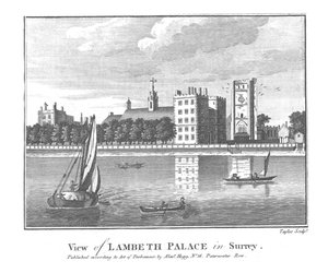 Udsigt over Lambeth Palace i Surrey., slutningen af det 18. århundrede af Taylor
