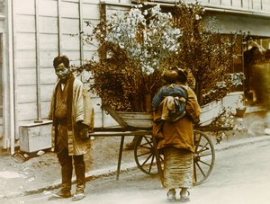 Omrejsende blomstersælger i Tokyos gader, ca. 1900 - 1915 (fotografi)