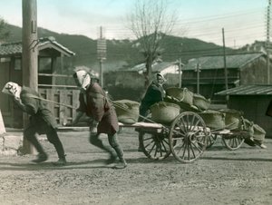 Japanske bønder trækker sække med ris på en vogn, ca. 1900 - 1915 (fotografi)