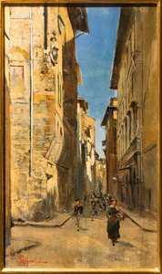 Delvis udsigt over en gade i Firenzes historiske centrum, ca. 1880 (olie på panel) af Telemaco Signorini