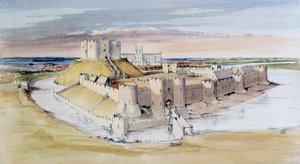 Illustration af York Castle, North Yorkshire, som det kunne have været i slutningen af det 13. århundrede, 1985
