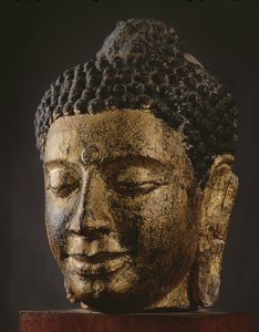 Kæmpe Buddha hoved med lukkede øjne, Srivijaya stil