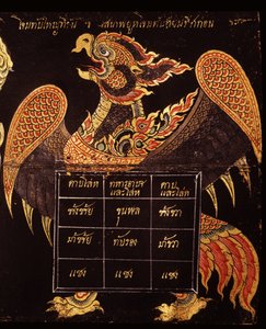 Blad af et manuskript om thailandsk militærkunst, der viser billedet af en Garuda, 1815 (wc på papir) af Thai School