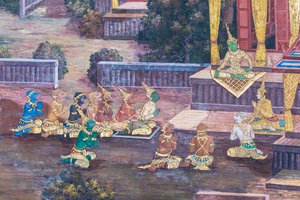 Vægmaleri, der viser scener fra Ramayana ved Wat Phra Kaeo, Royal Grand Palace, Bangkok, Thailand